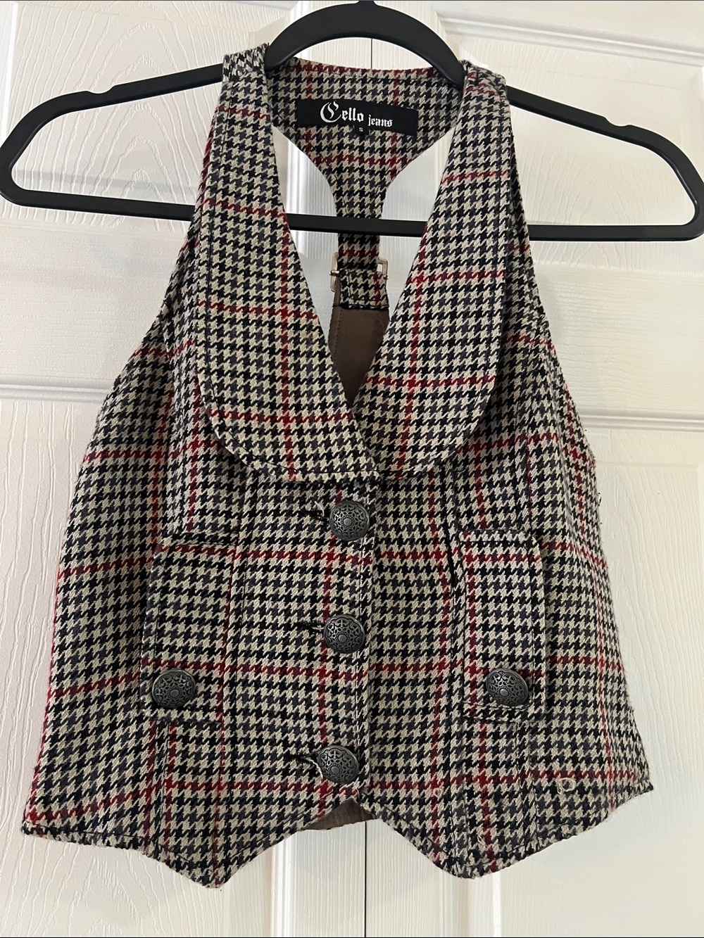 Cello Women's Wool Houndstooth Button Vest. Black, Grey & Red with Funky Details